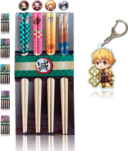 LVMMO Demon Slayer Chopsticks Set WITH A KEYCHAIN Reusable Japanese Anime Bamboo Chopstick Sets