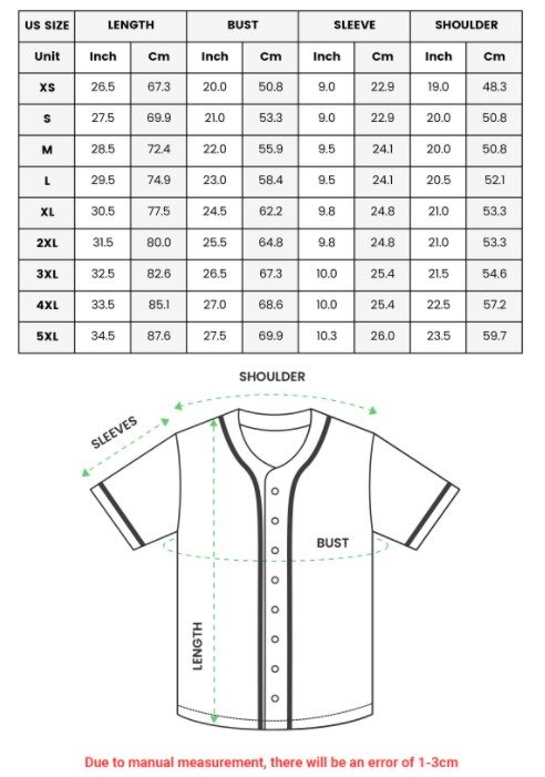 Baseball Jersey Shirt Size Chart
