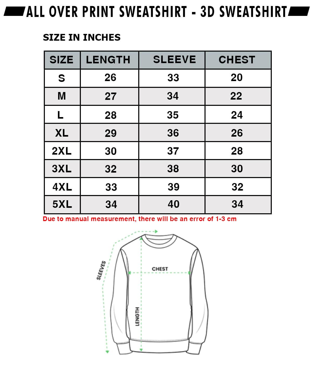 all over print sweatshirt size chart