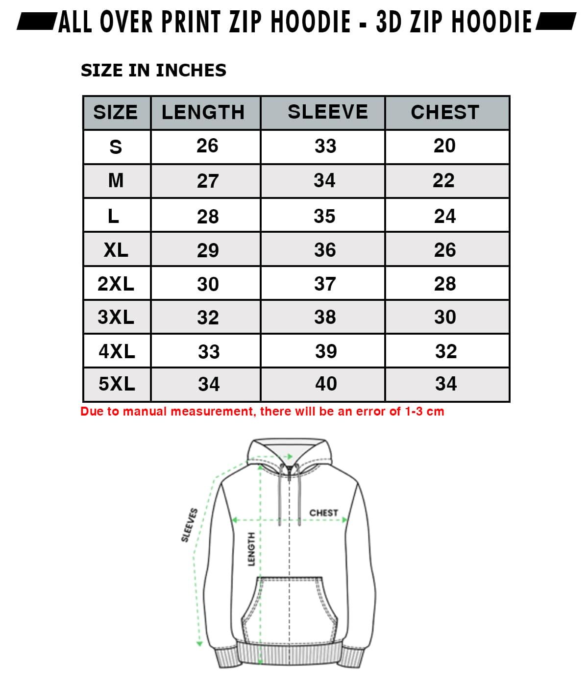 Zip Hoodie Size Chart