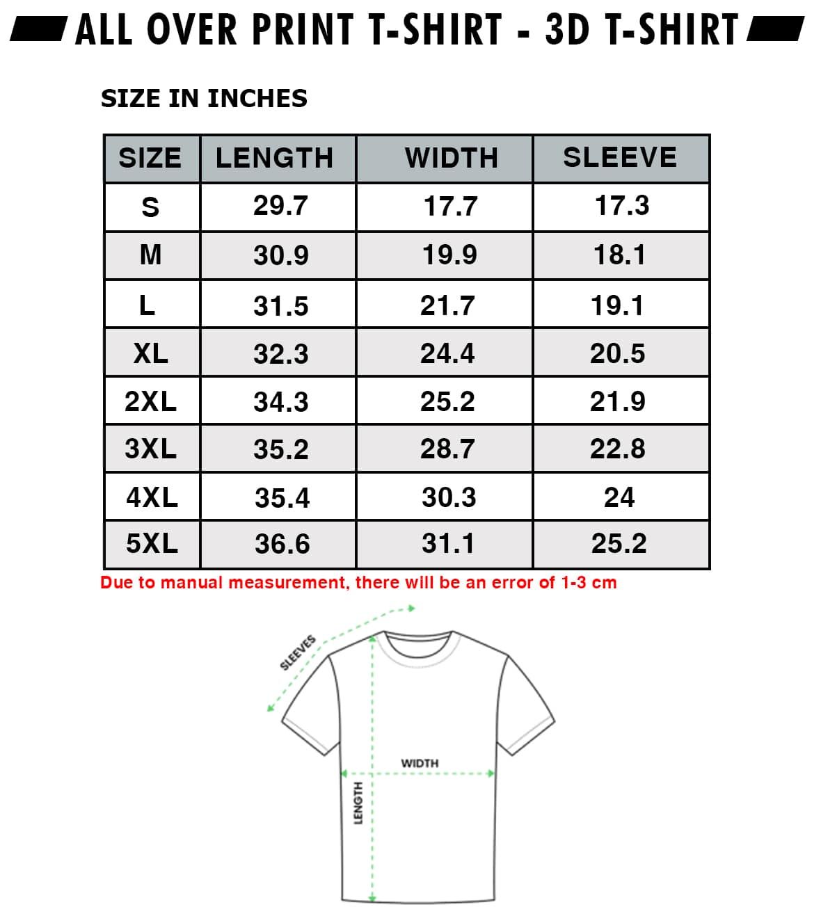 3d t-shirt size chart
