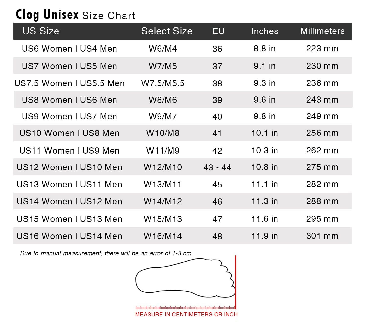 Clog Unisex Size Chart