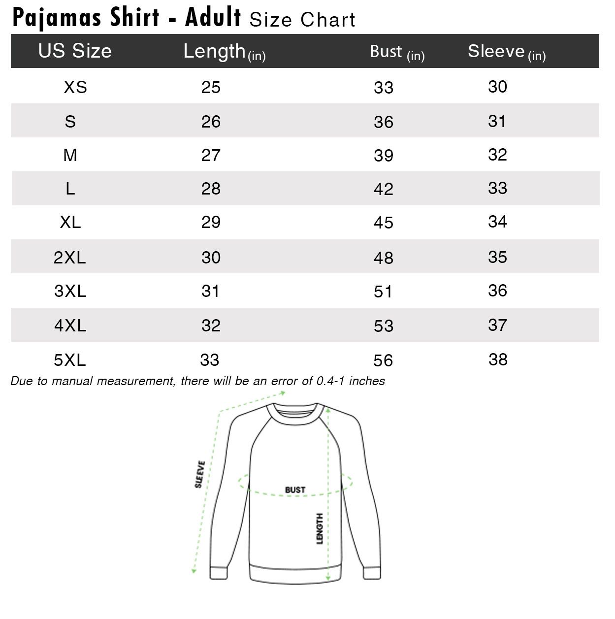 Pajamas shirt size chart