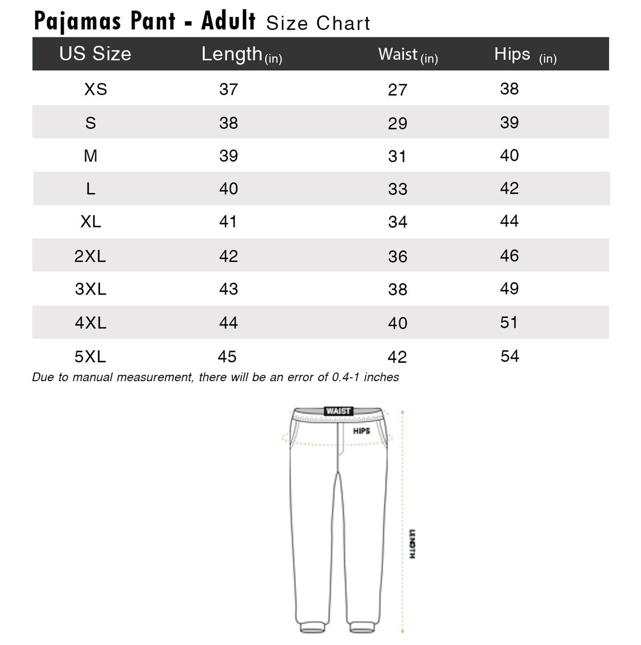 Pajamas pant size chart