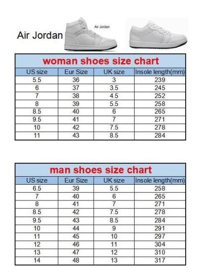 size chat for printed shoes