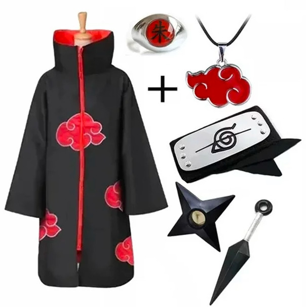 QZBON For Naruto Cloak Adult Costume Anime Akatsuki Robe Size Cosplay Ninja Shippuuden 6 Pieces/Set