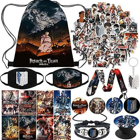 KINON Attack on Titan Gift Set, Including Drawstring Bag, Face Masks, Button Pins, Cute Stickers, Bracelet, Lanyard, Phone Ring Holder, Keychain, Posters, Multicolor