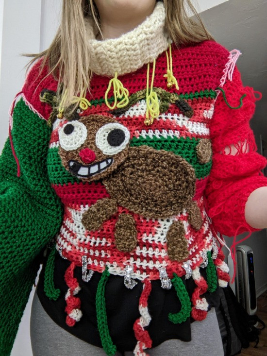 Ugly Christmas sweater contest you say? I crocheted the entire thing with  no idea how you're actually supposed to make a sweater. I won! (The longer  you look at it, the more