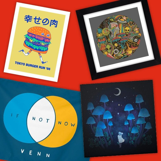 Featured Designs: “Burgerman” Fine Art Print by zackOlantern | “Your Mind's Eye” Framed Fine Art Print by Steven Rhodes | “If Not Now Venn” Tapestry by Nathan W. Pyle | “Fungi Forest” Stretched Canvas by episodicDrawing