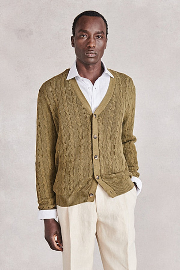Olive Cable Knit Silk Cardigan | New & Lingwood