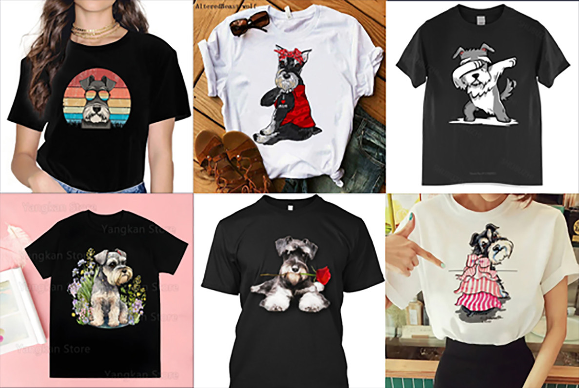 Collage of six super cute Schnauzer t-shirts for Schnauzer moms