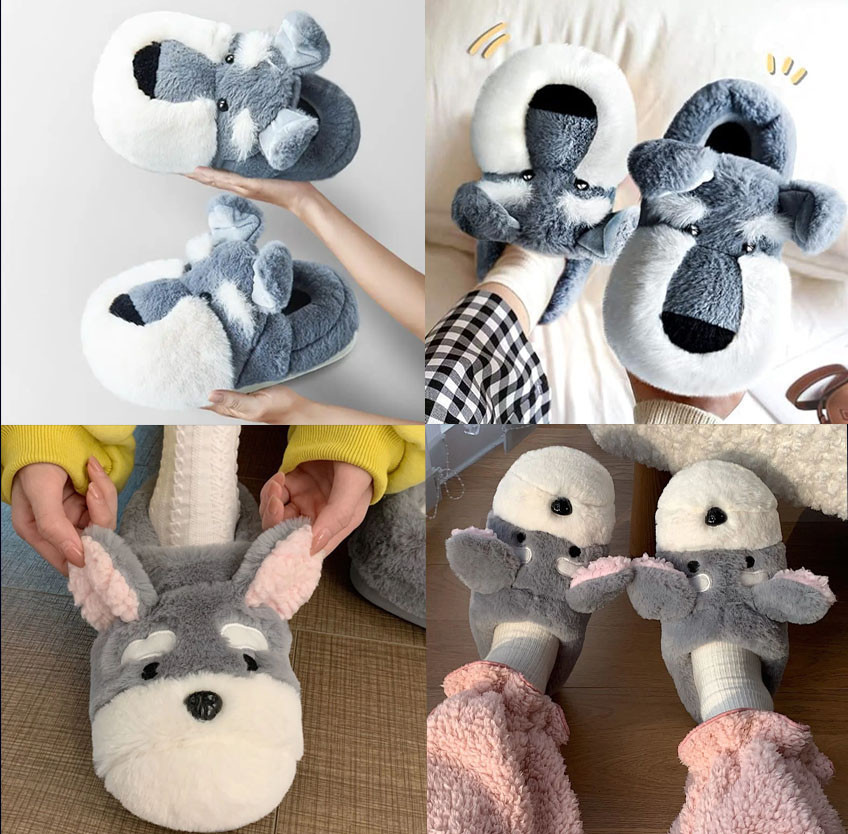 Image of warm indoor Schnauzer slippers made with super soft plush fabric in two different designs